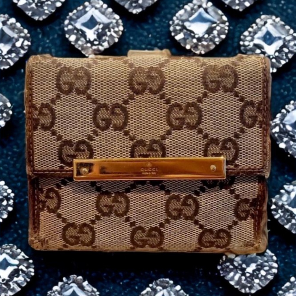 Gucci Brown Monogram Canvas Wallet with Gold-Tone Plate